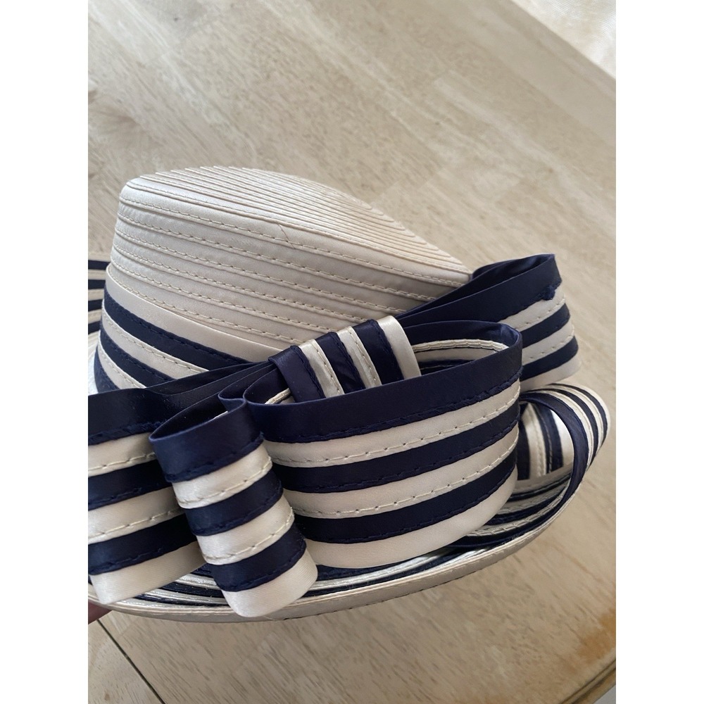 Vtg Cream Satin Ribbon Coiled Derby Hat Navy Stripe Bow Cocktail Tea Party 7" - Picture 6 of 11